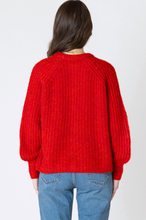 Load image into Gallery viewer, CANDY RED MELANGE CREWNECK TEXTURED CARDIGAN