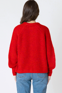 CANDY RED MELANGE CREWNECK TEXTURED CARDIGAN