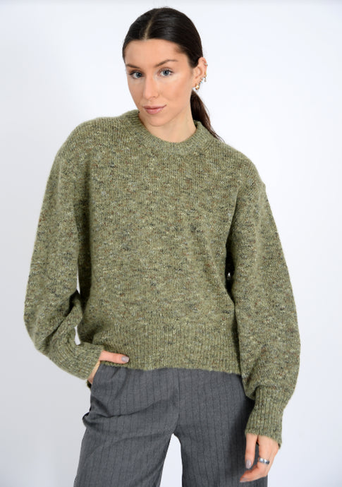 UNNI GREEN NEP LONG SLEEVE CREW NECK PULLOVER SWEATER