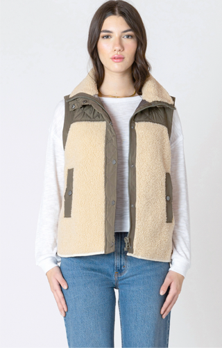 OLIVE/TAN MIXED FABRIC VEST