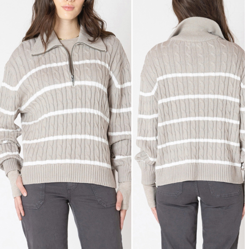 TAUPE/WHITE STRIPE HALF ZIP CABLE SWEATER