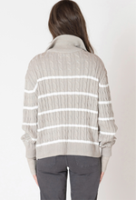 Load image into Gallery viewer, TAUPE/WHITE STRIPE HALF ZIP CABLE SWEATER
