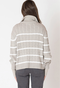 TAUPE/WHITE STRIPE HALF ZIP CABLE SWEATER