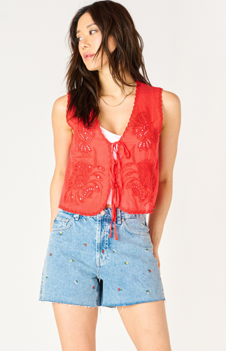 SCARLET SLEEVELESS TIE FRONT EYELET TOP