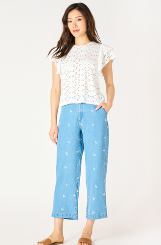 EMBROIDERED LIGHT BLUE WASH WIDE LEG ANKLE PANT