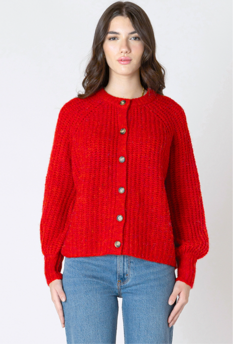 CANDY RED MELANGE CREWNECK TEXTURED CARDIGAN