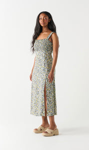 SMOCKED BODICE LINEN MIDI DRESS
