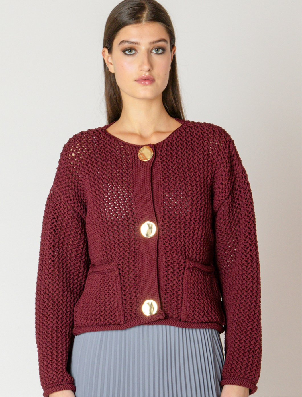 DARK RUBY CHUNKY KNIT CARDIGAN
