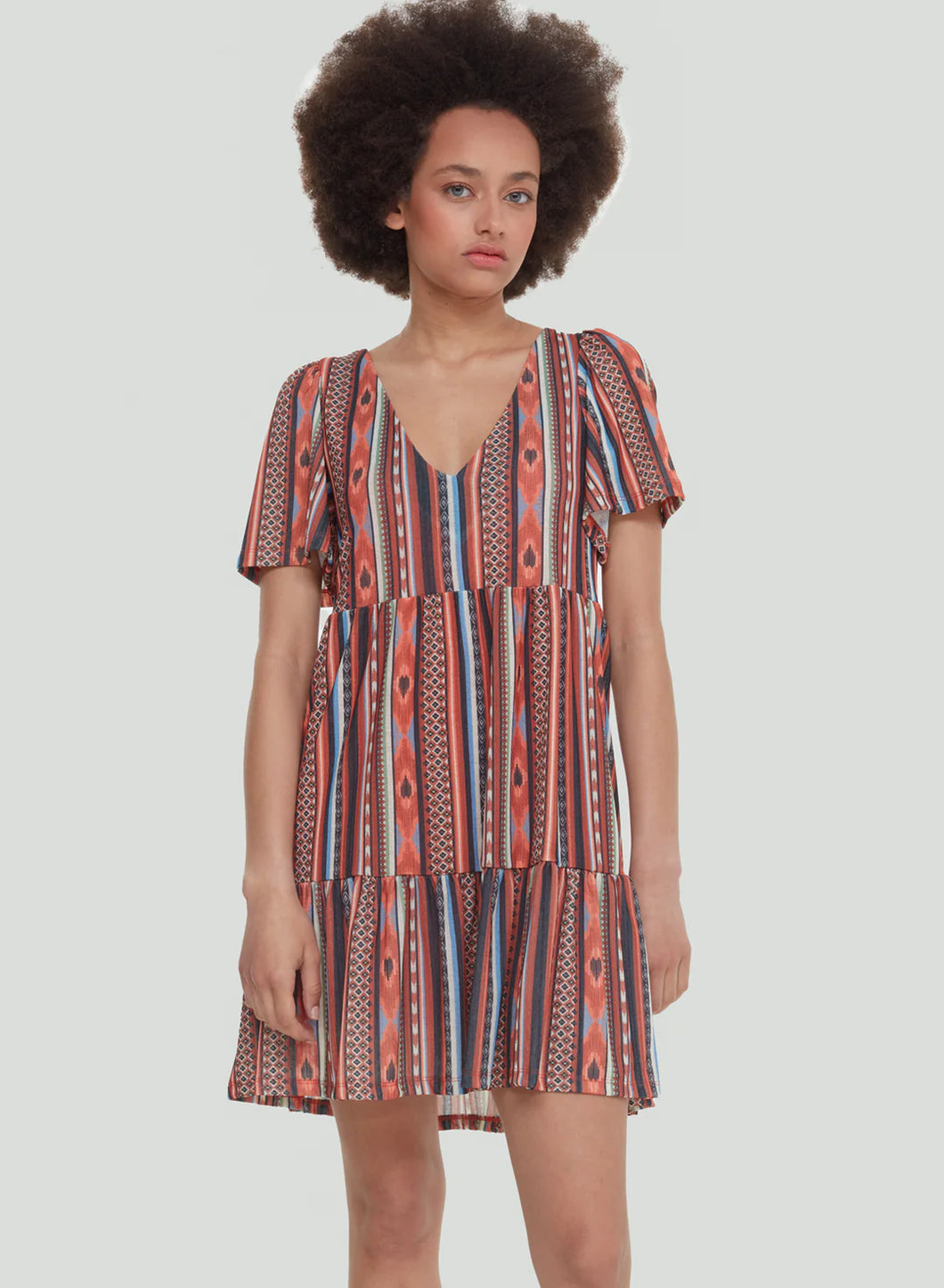 V-NECK TIERED MINI DRESS